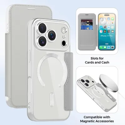 Obrázek produktu pro Pouzdro pro iPhone 17 Pro kompatibilní s MagSafe, průhledné pouzdro s držákem karet, kožené pouzdro s ochranou kamery Stříbro