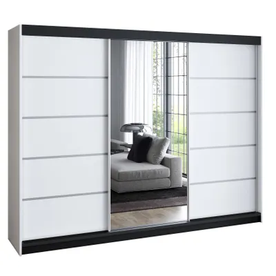 Produktbild von Schwebetürenschrank 200 cm, 3-türig, mit Spiegel & 4 Schubladen, Retro-Stil, modern, in Weiß/Schwarz/Sonoma – Kleiderschrank VILUNO 3