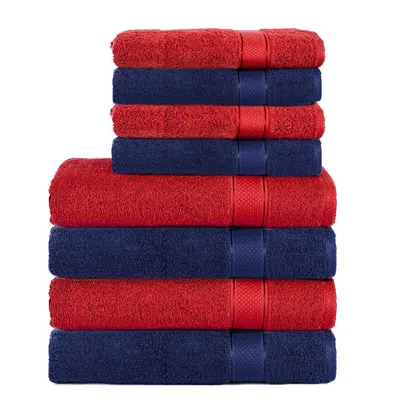 Produktbild von Komfortec 8er Handtuch Set aus 100% Baumwolle, 4 Badetücher 70x140 und 4 Handtücher 50x100 cm, Frottee, Weich, Towel Groß, Navyblau/Bordeaux