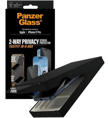 Produktbild von PanzerGlass ® 2-Way Privacy Displayschutz iPhone 17 Pro | Ultra-Wide Fit m. Fastfit in-a-box, Apple, Apple - iPhone 17 Pro, Trockene Anwendung, Kratzresistent, Schockresistent, Transparent, 1 Stück(e)