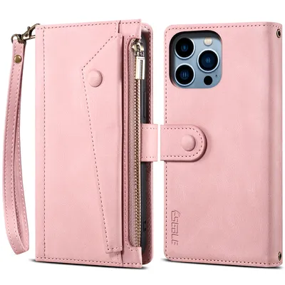 Obrázek produktu pro Ochranné pouzdro pro iPhone 15 Pro kožené pouzdro na zip, skládací peněženka s přihrádkou na karty, stojánek a poutko Růžový
