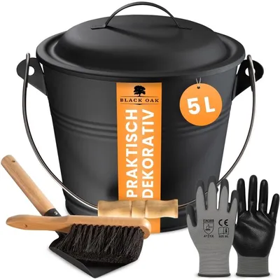 Produktbild von BLACK OAK Ascheeimer PITON 5L – Schwarz mit Deckel, Holz-Griff, Feger, Schaufel & Handschuhen