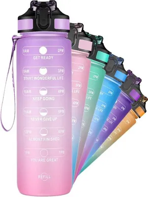 Produktbild von Famanu Tritan Trinkflasche 1 Liter mit Strohhalm - BPA-frei, mit Zeitmarkierungen