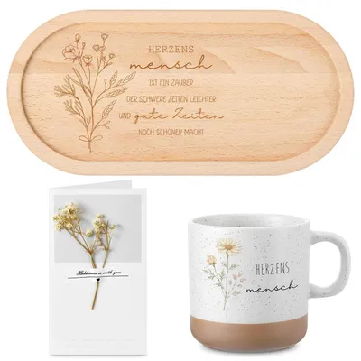 Produktbild von Geschenkset Herzensmensch mit Holztablett und Keramiktasse 360ml