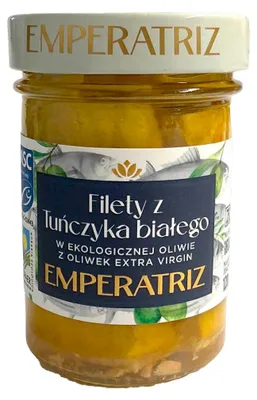 TUŃCZYK BIAŁY FILETY MSC W BIO OLIWIE Z OLIWEK EXTRA VIRGIN 200 g (130 g) (SŁOIK) - EMPERATRIZ
