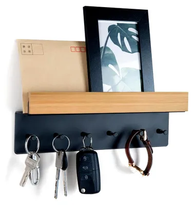 Produktbild von Schlüsselbrett aus Holz mit Ablage, Schlüsselhalter mit 6 Haken, Wand-Schlüsselboard für Eingangsbereich, Flur, Küche