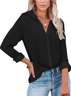 Produktbild von ASKSA Damen Langarmshirts Button Down V-Ausschnitt Einfarbig Revers Ausschnitt Blusen,Schwarz,2XL