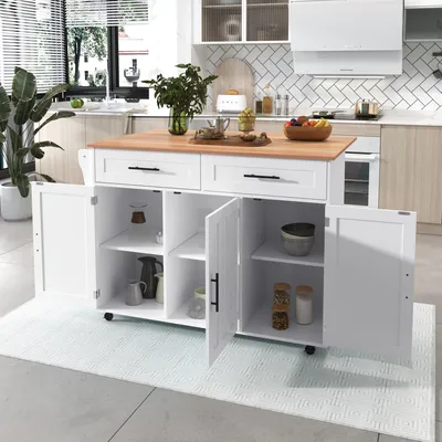Image de OKWISH Desserte Îlot de Cuisine - Plateau Pliant - Rangement avec Tiroir - 129x71x91,5 cm - Blanc