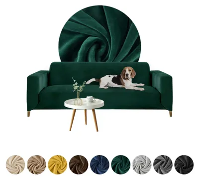Produktbild von Elastischer Velours-Bezug für 4-Sitzer Sofa, Couch oder Schlafsofa in Dunkelgrün – Schonbezug