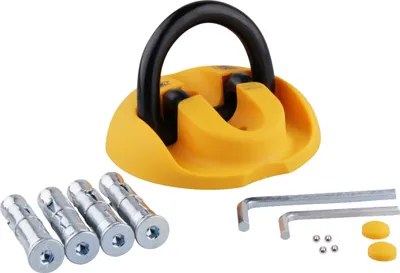 Produktbild von VINZ Everest Wandanker / Bodenanker | ART4 Zertifikat | Bügelstärke Ø14mm | zur Sicherung für Motorrad Moped Fahrrad | auf- und einklappbar Befestigungsanker | mit Befestigungsmaterial (Orange)