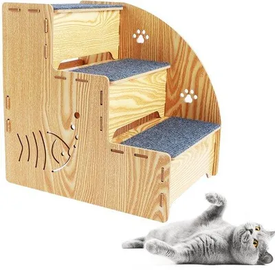 Image de Escalier pour petits animaux, 3 marches, bois naturel, 35 cm, stable et antidérapant pour chiens