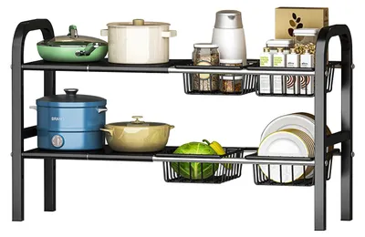 Zdjęcie produktu dla Dwupoziomowa, wysuwana półka – regulowany organizer do szafki pod zlew – 4 wyjmowane wkłady – kosze do przechowywania – stal – czarny