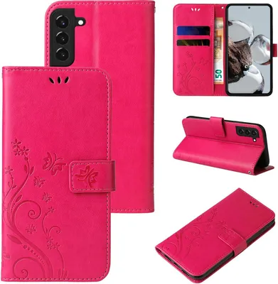 Produktbild von Handyhülle für Samsung Galaxy S22+ Floral Blumen Schmetterling Flip Cover Hülle Case Klapphülle Handytasche Farbe: Rot