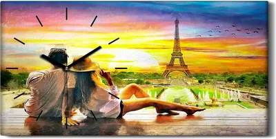 Produktbild von Wandbild Leinwand Bilder mit Uhr 60x30 Sonnenuntergang und Eiffelturm Paris - schwarze Hände