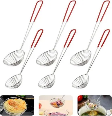 Productafbeelding van Unyqoos® 6-delige set keukelschepjes – roestvrijstalen fondue- en opscheplepels, 3 stuks van 29 x 7,5 cm en 3 stuks van 27 x 6,5 cm, met lange handgrepen en rode rubberen coating