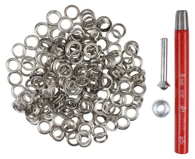 Produktbild von Großpackung Ösen 8 mm Inhalt 100 Stück + Locheisen + Ösenwerkzeug silbern  - Metallösen - Planenösen - Ösen für Zelte - Ösen Set - Ösen Set mit Werkzeug