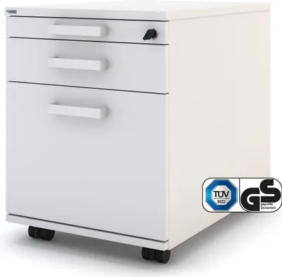 Produktbild von ASSMANN Rollcontainer Pontis mit 3 Schubladen mit Griffen und Zentralverschluss Weiß, 41x58x53cm,