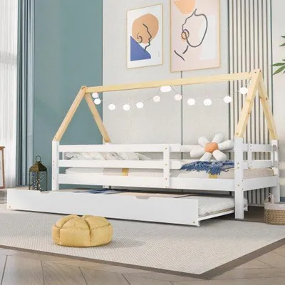 Produktbild von Einzelbett, Kinderbett, Umschlagbett, Schubladenbett, Massivholzbett, weißes Bett, Naturdachbett, 90x200 cm & 90x190 cm.