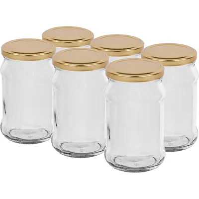Six clear glass jars with gold screw-on lids are arranged in two rows on a white background.