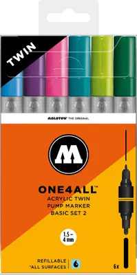 Produktbild von Molotow Acrylmarker ONE4ALL ACRYLIC TWIN 6er Etui, Basic Set 2, sortiert