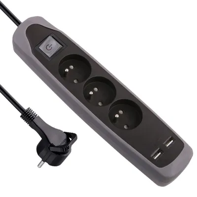Productafbeelding van Electraline stekkerdoos met 3 stopcontacten, 2 USB-poorten, grijs, 2 meter