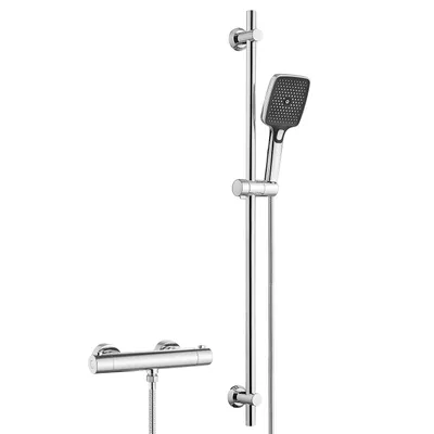 Produktbild von JOHO Duschsystem mit Thermostat – Edelstahl Duschset mit Duscharmatur, Brausestange Set mit Thermostatarmatur, Handbrause, Duschstange 100 cm, Chrom