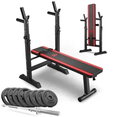 Produktbild von Hop-Sport HS-1080 klappbare Hantelbank mit Gewichten Sets 39kg– Hantelsets mit Langhantel, Hantelscheiben aus Gusseisen