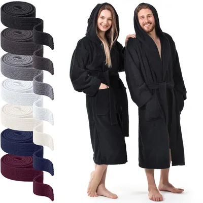 Produktbild von AR Line Kapuzen Bademantel 100% Baumwolle 450 g/m² – Uni Frottier Saunamantel, Größen S–XXXL, in Farbe: Schwarz, in Größe: XXL