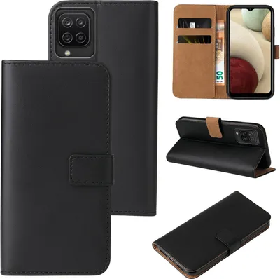 A collage of images showing a black flip case for a Samsung Galaxy A12 phone, including different angles and views of its features.