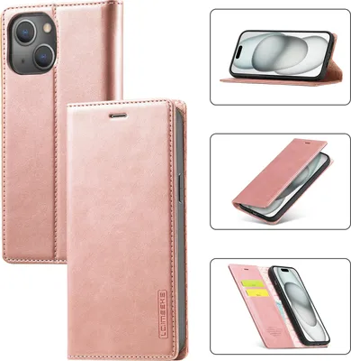 Produktbild von iPhone 15 Plus Hülle, Standfunktion Kartenfach Wallet Leder Schutzhülle für iPhone 15 Plus Pink