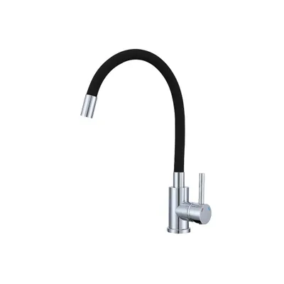 A single kitchen faucet with a flexible black hose and a chrome base and handle, isolated on a white background.