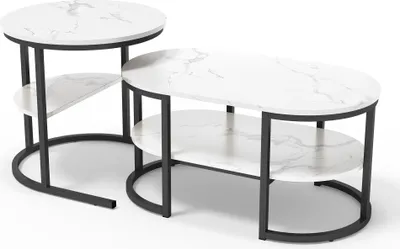 Image de Ensemble de tables basses, 2 pièces - Table de salon / Table d'appoint - Design 2 en 1 - Avec espace de rangement - Structure en métal avec plateau en marbre - Noir