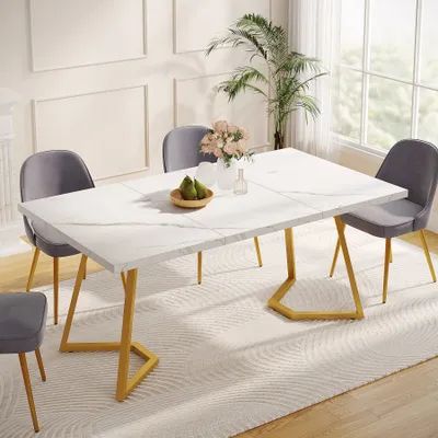 Produktbild von Tribesigns Moderner goldener Esstisch: 140cm, weißer Esstisch mit Metallbeinen, künstlicher Marmor, kleiner Esszimmer-Küchentisch für 6 Personen