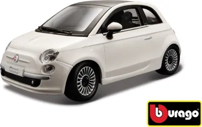 A white Bburago Fiat 500 2007 model car is shown from a side-angle on a white background.