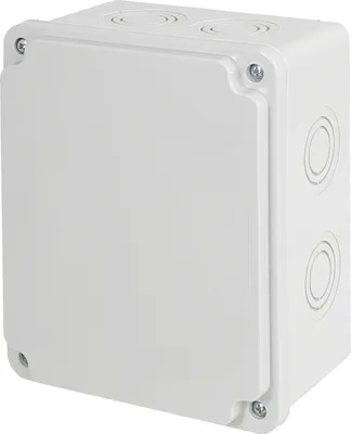 A white electrical junction box with multiple circular knockouts on the side and top, secured with screws.