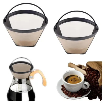 Produktbild von 2 Stück Kaffeefilter Größe 4 Edelstahl Wiederverwendbar Kaffee Filter Kegelförmig mit Griff Dauerkaffeefilter Waschbar für 8-12 Tassen, 304 Edelstahl