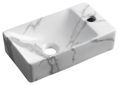 Obrázek produktu pro MARGITHA keramické umyvadlo 38x22 cm, otvor pro baterii na pravé straně, bílá/mramorovaná barva