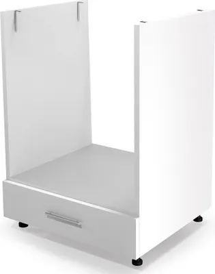 A white kitchen cabinet base with a drawer, shown from a three-quarter front view against a white background.
