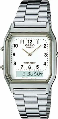 A silver Casio analog-digital watch with a white face is shown against a white background.