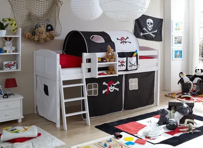 Produktbild von Hochbett "Eric" Country Kiefer Weiß Motiv (Pirat Schwarz-Weiß)