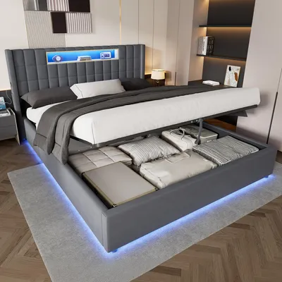 Produktbild von okwish Polsterbett 180×200 mit Ladefunktion und offenen Fächern,Jugendbett mit LED und Bettkasten,Doppelbett in Grau,ohne Matratze