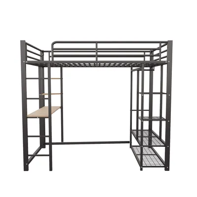 Produktbild von Flieks Etagenbett 90x200cm mit Schreibtisch, Kinderbett Metallbett mit Regal, Hochbett mit Rausfallschutz & Lattenrost, Einzelbett Stockbett, Schwarz