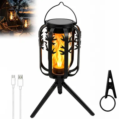 Produktbild von Solar Laterne mit Flammeneffekt, LED Solar Gartenleuchte Außen mit USB-C & Solaraufladung, IP65 wasserdichte Hängelampe für Garten, Terrasse und Balkon