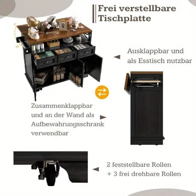 Immagine prodotto di Carrello da cucina e isola per cucinare - 118x43x80 cm - Metallo nero con finitura effetto legno - 4 ruote e spazio contenitivo