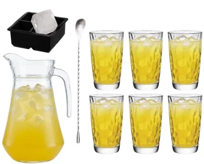 Immagine prodotto di Set per cocktail "Gelbe Peter" – caraffa da 1,6 litri con 6 bicchieri da long drink da 470 ml, cucchiaini da bar e stampo per cubetti di ghiaccio