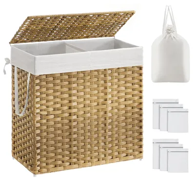 Productafbeelding van SONGMICS wasmand met deksel, 130 liter, 2 compartimenten, met de hand gevlochten