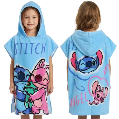 Produktbild von DISNEY Stitch Badeponcho mit Kapuze für Kinder, schnell trocknend, 100 % Baumwolle M