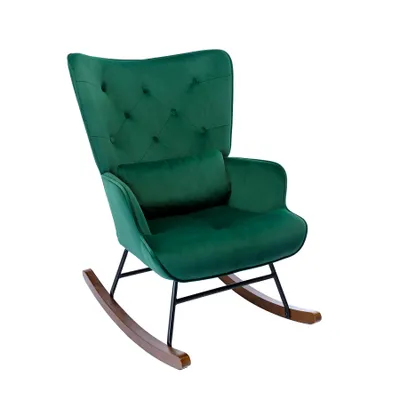 Image de HomeMiYN Fauteuil à bascule avec coussins, structure métallique, socle en bois, velours, vert