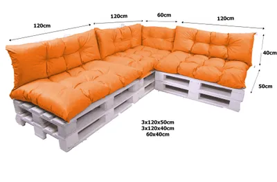 A sectional sofa made from white wooden pallets with orange cushions, shown with dimensions indicated by text overlays.