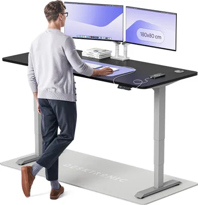 Zdjęcie produktu dla Desktronic HomePro biurko z elektryczną regulacją wysokości 180x80cm szare/czarne z funkcją pamięci, technologią antykolizyjną, portami ładowania USB-A i USB-C